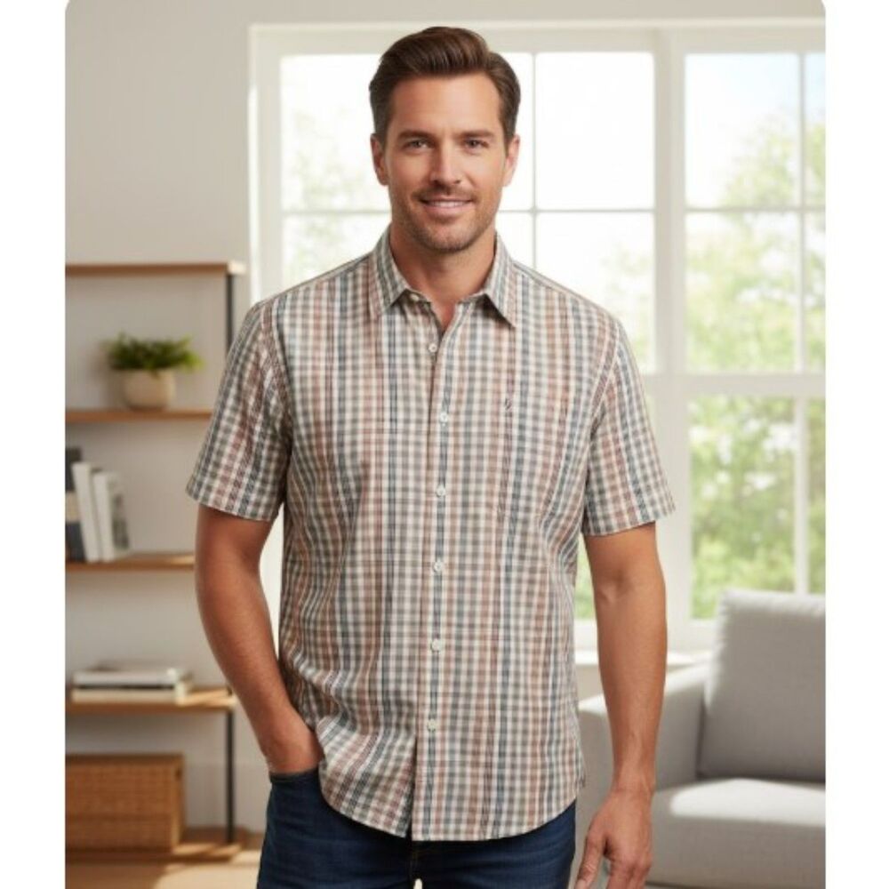 Nautica Shirt Short Sleeve Blue White Red Checkered Button Up Mens Size XL